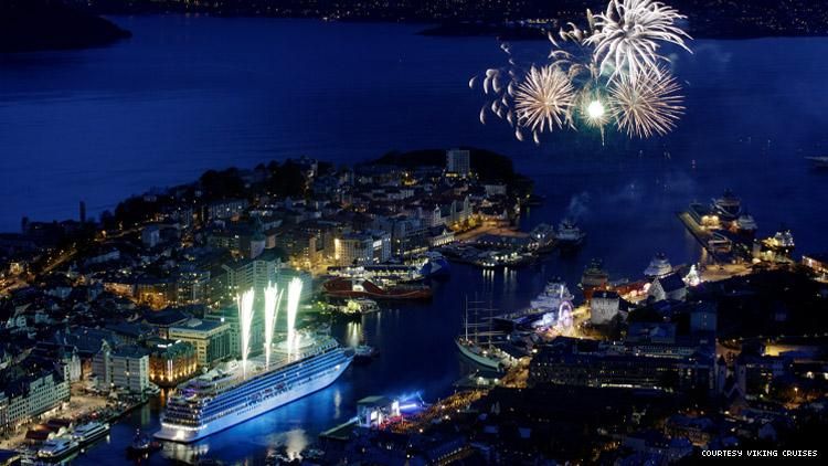 Viking Star in Bergen Norway at night with fireworks