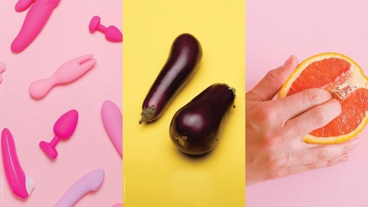 sex toys, eggplants, fingers in fruit