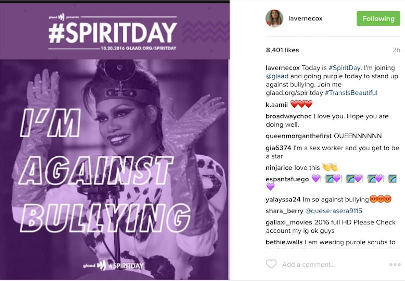 Laverne Cox joins GLAAD's anti-bullying campaign by going purple.