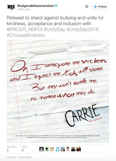 The Rodgers and Hammerstein Organization post a cheeky picture of lyrics from Carrie the Musical in support of Spirit Day.