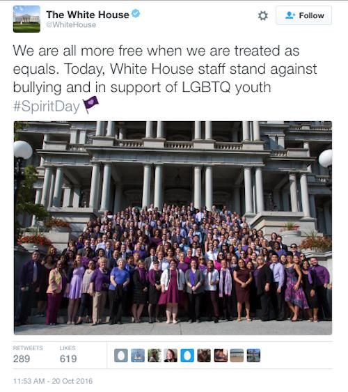 The White House staff put on purple in solidarity with LGBT youth for Spirit Day.