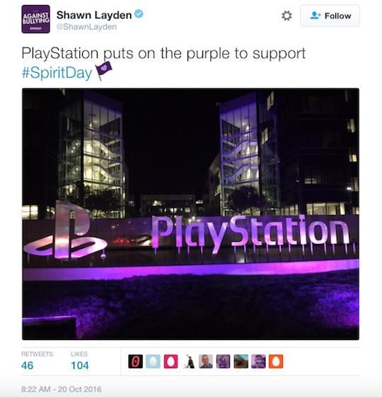 Sony Interactive chairman Shawn Layden posts a pic of the purple PlayStation sign at Sony HQ in California.