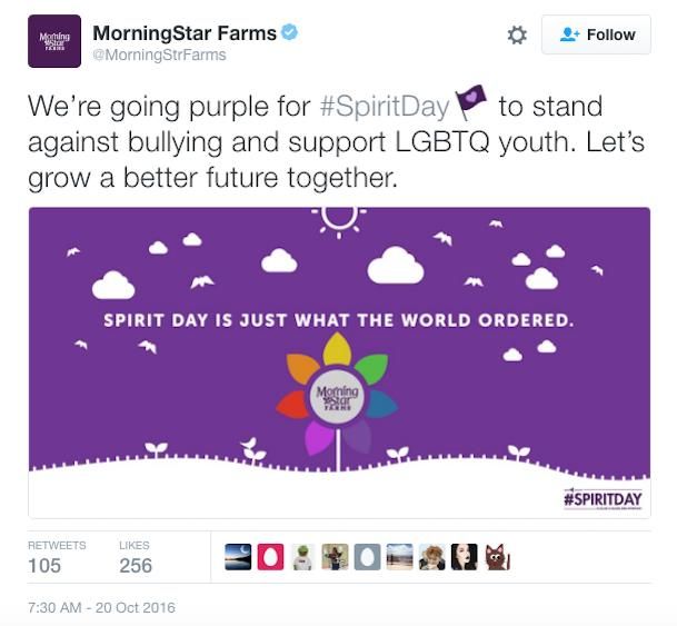 Meat substitute food company MorningStar Farms put on the purple for Spirit Day.