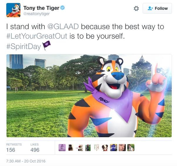 Frosted Flakes' Tony the Tiger dons a purple ascot for Spirit Day.