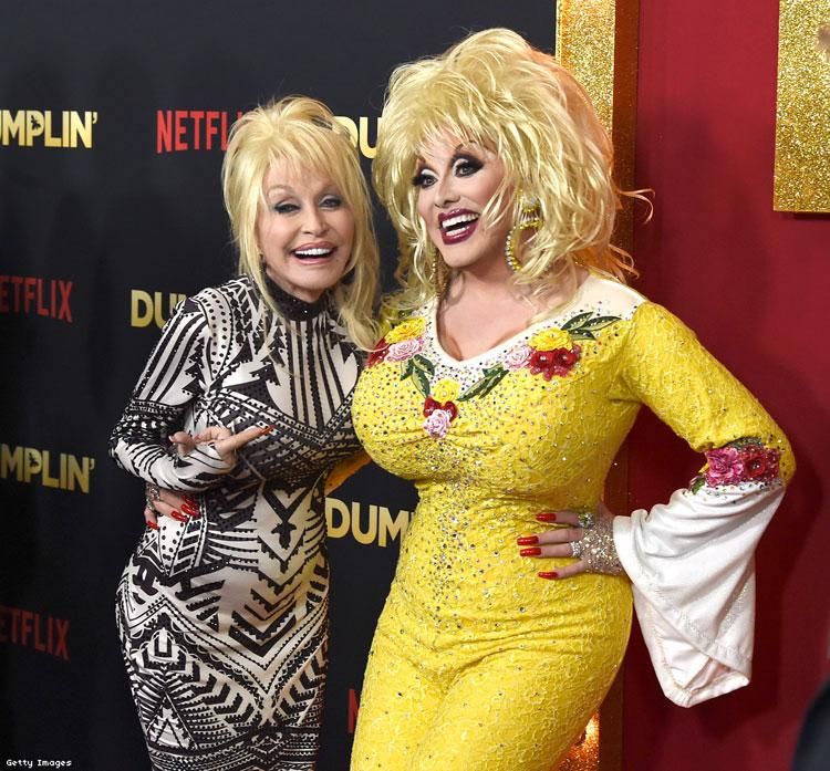 Dolly Parton and drag queen at the Los Angeles Dumplin' premiere.