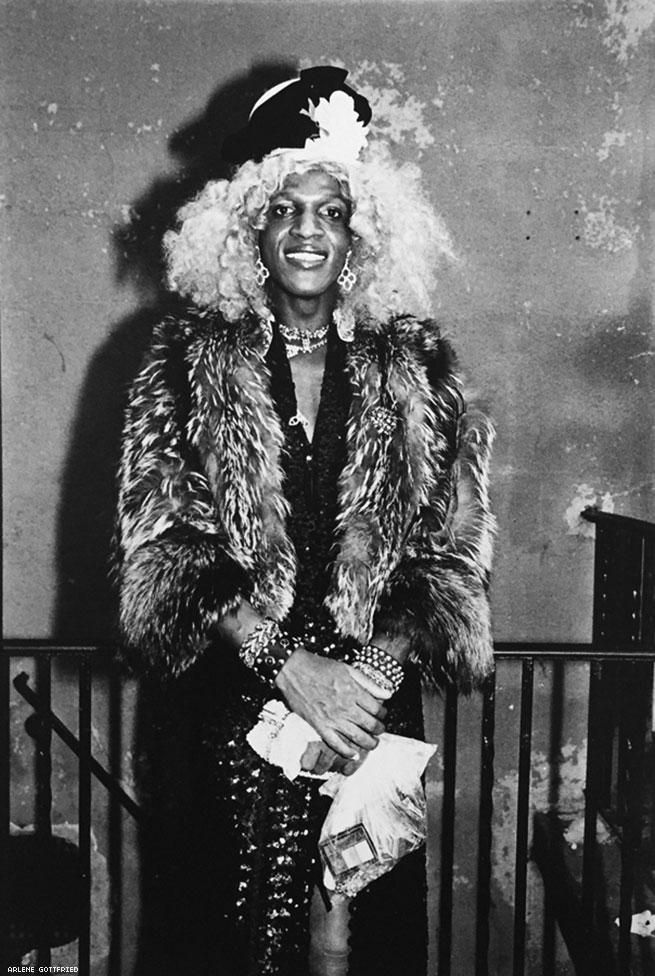 Marsha P. Johnson in blonde wig, 1983. 