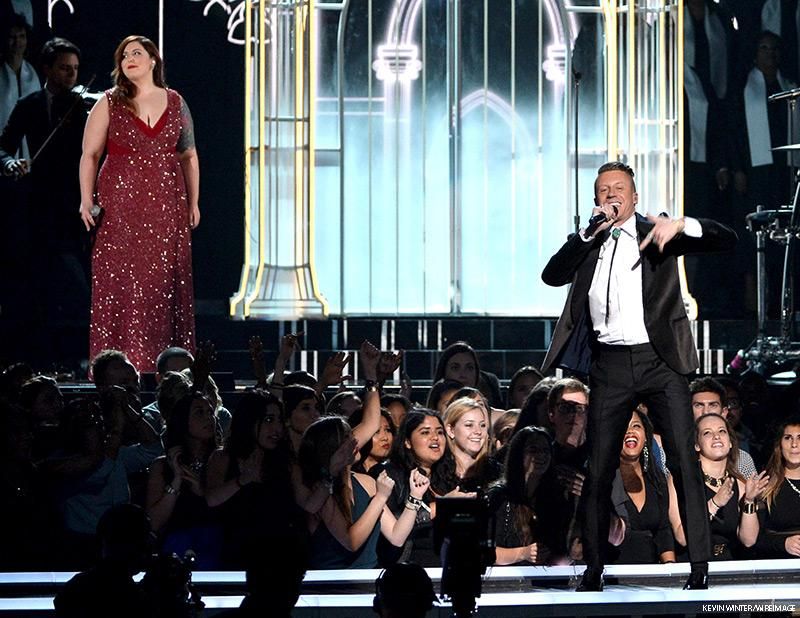 Macklemore, Ryan Lewis, Mary Lambert, Queen Latifah, and Madonna at the 56th Grammy Awards