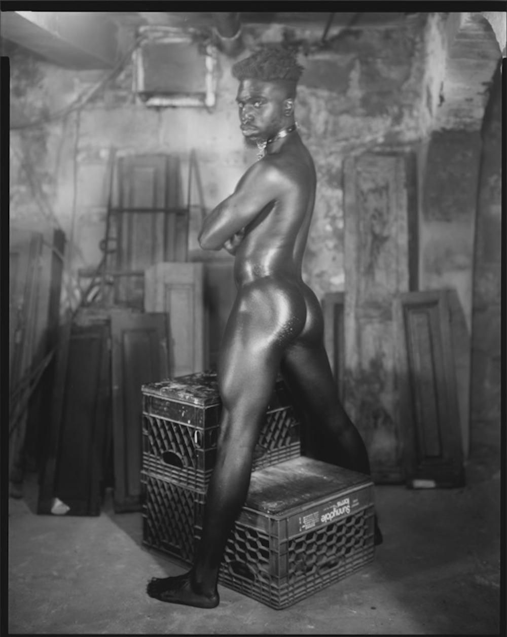 A nude, Black model oiled, and posing from behind.